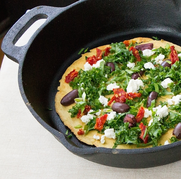 Socca for One : With Sundried Tomatoes, Kale and Kalamata Olives