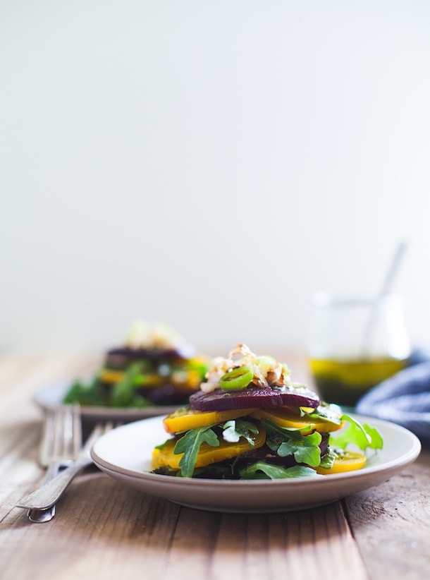 Stacked Beet Salad with Crispy Shallots + Herb-Infused Oil {paleo, vegan}