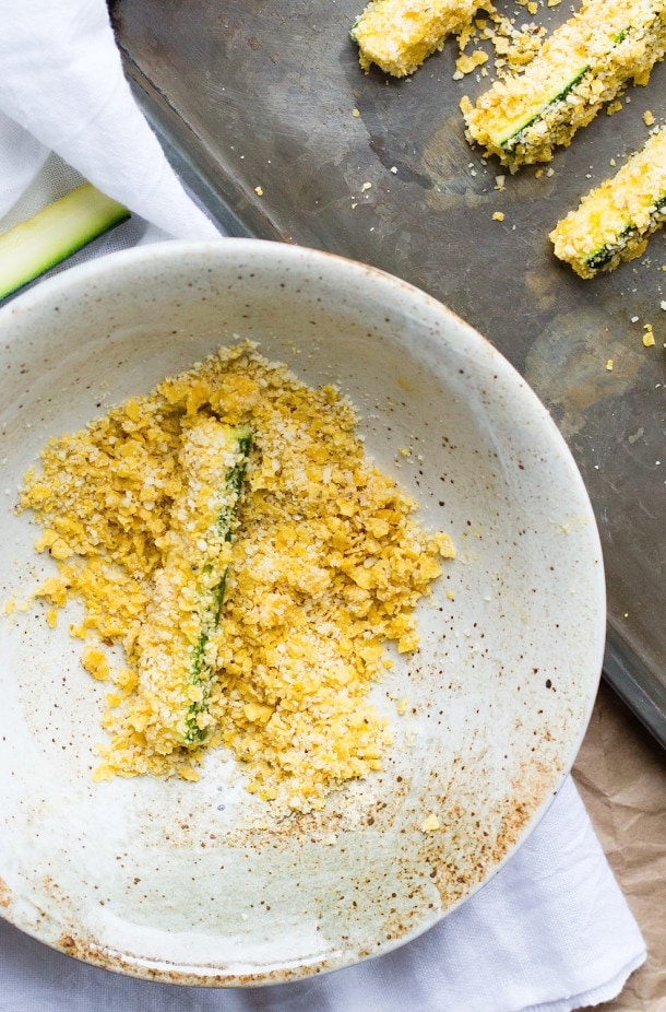 Tortilla Chip Crusted Zucchini Fries {gluten-free}