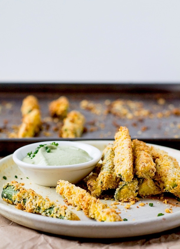 Crispy {Baked} Tortilla Chip Crusted Zucchini {gluten-free} with Garlic Cashew Sauce {vegan}