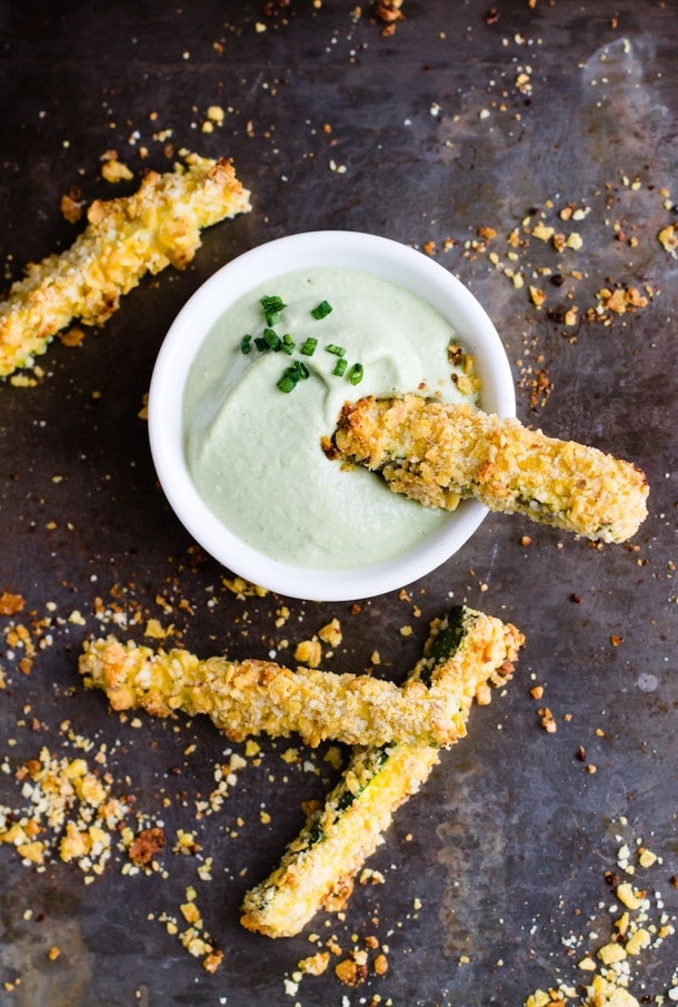 Crispy {Baked} Tortilla Chip Crusted Zucchini {gluten-free} with Garlic Cashew Sauce {vegan}
