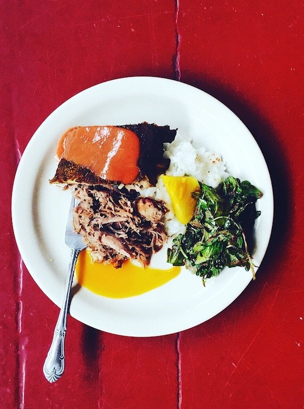 eating at Orca Adventure Lodge: Barbecue two ways with sticky rice, caramelized pineapple & guava sauce. 