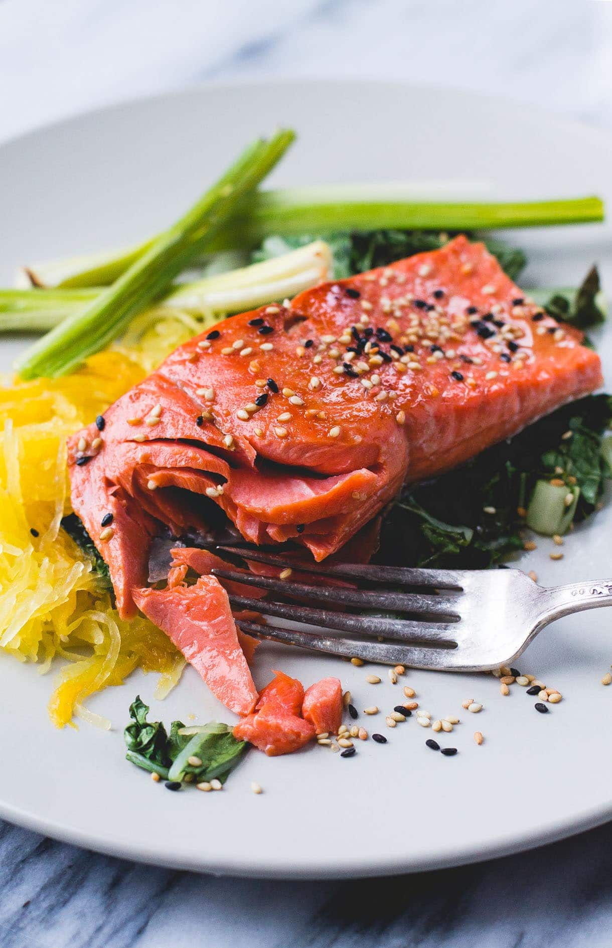 Sesame Salmon with Spaghetti Squash & Roasted Leeks {via heartbeet kitchen}