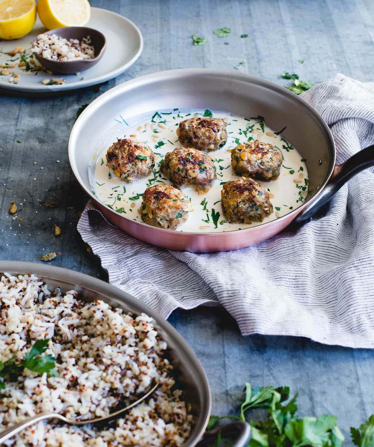 Lemon Cardamom Meatballs with Pine Nuts and Garlic Tahini Sauce