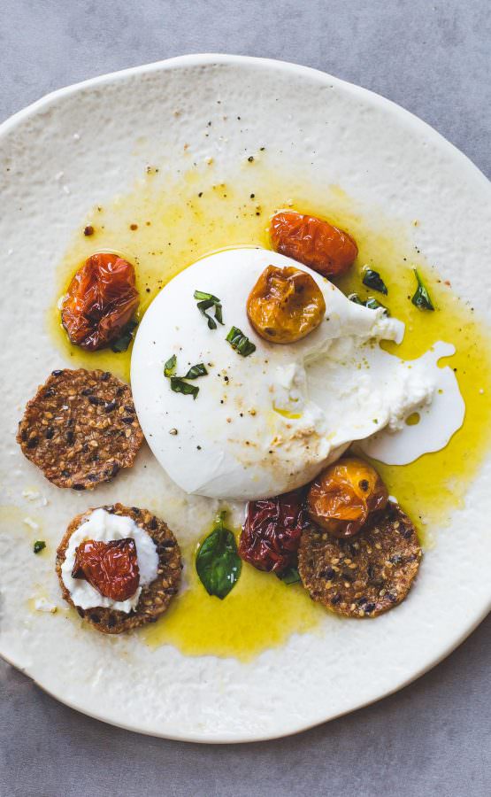 Creamy Burrata with Slow Roasted Cherry Tomatoes, Basil, and Olive Oil