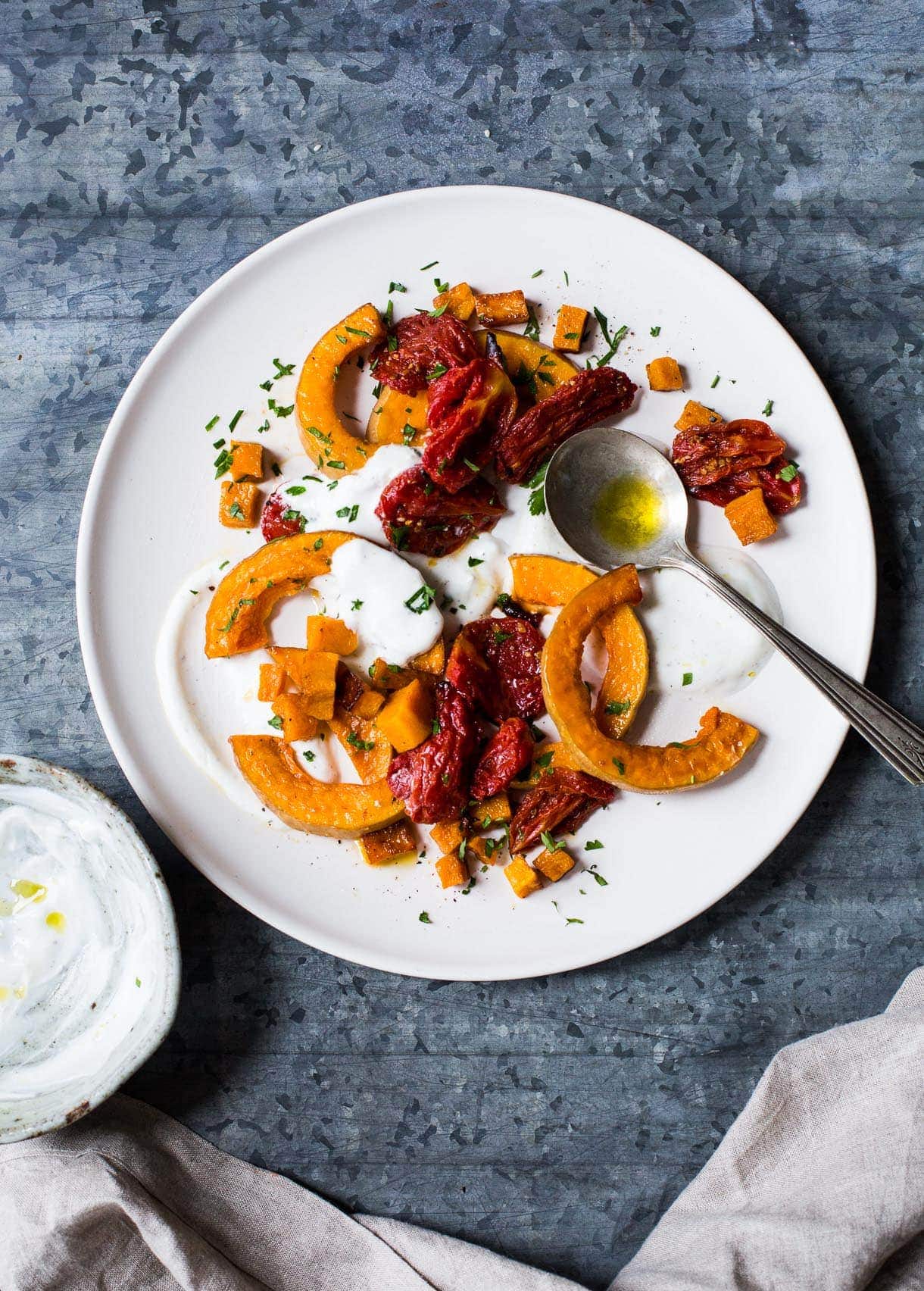 Roasted Tomatoes and Butternut Squash with Cardamom Yogurt Sauce {gluten-free, nut-free}