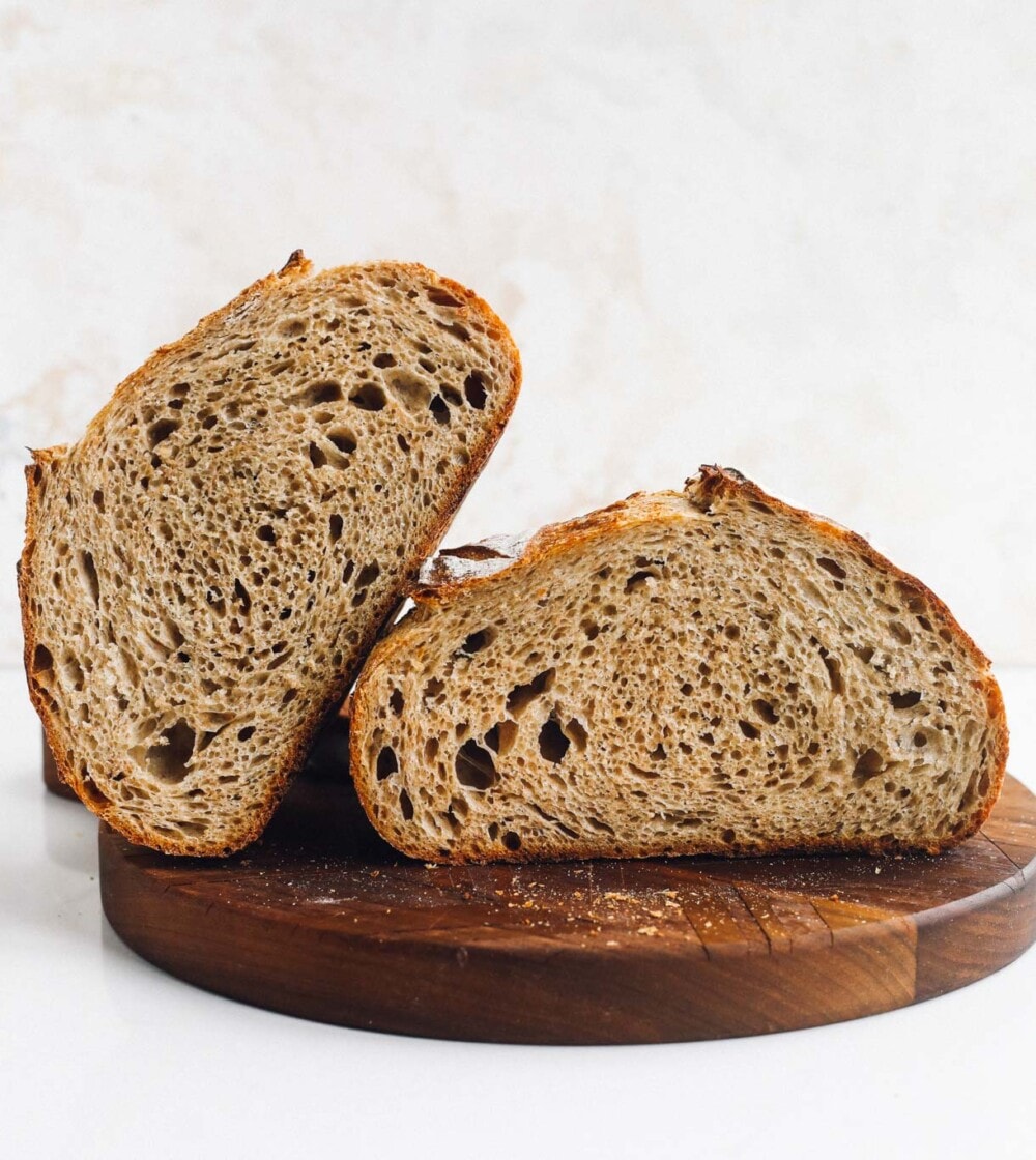 whole grain sourdough bread crumb shot, two halves
