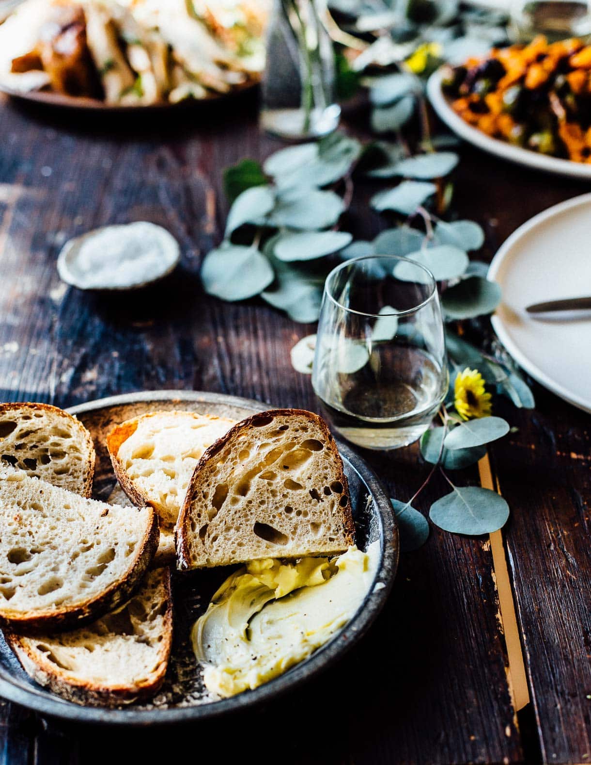friendsgiving meal with bread