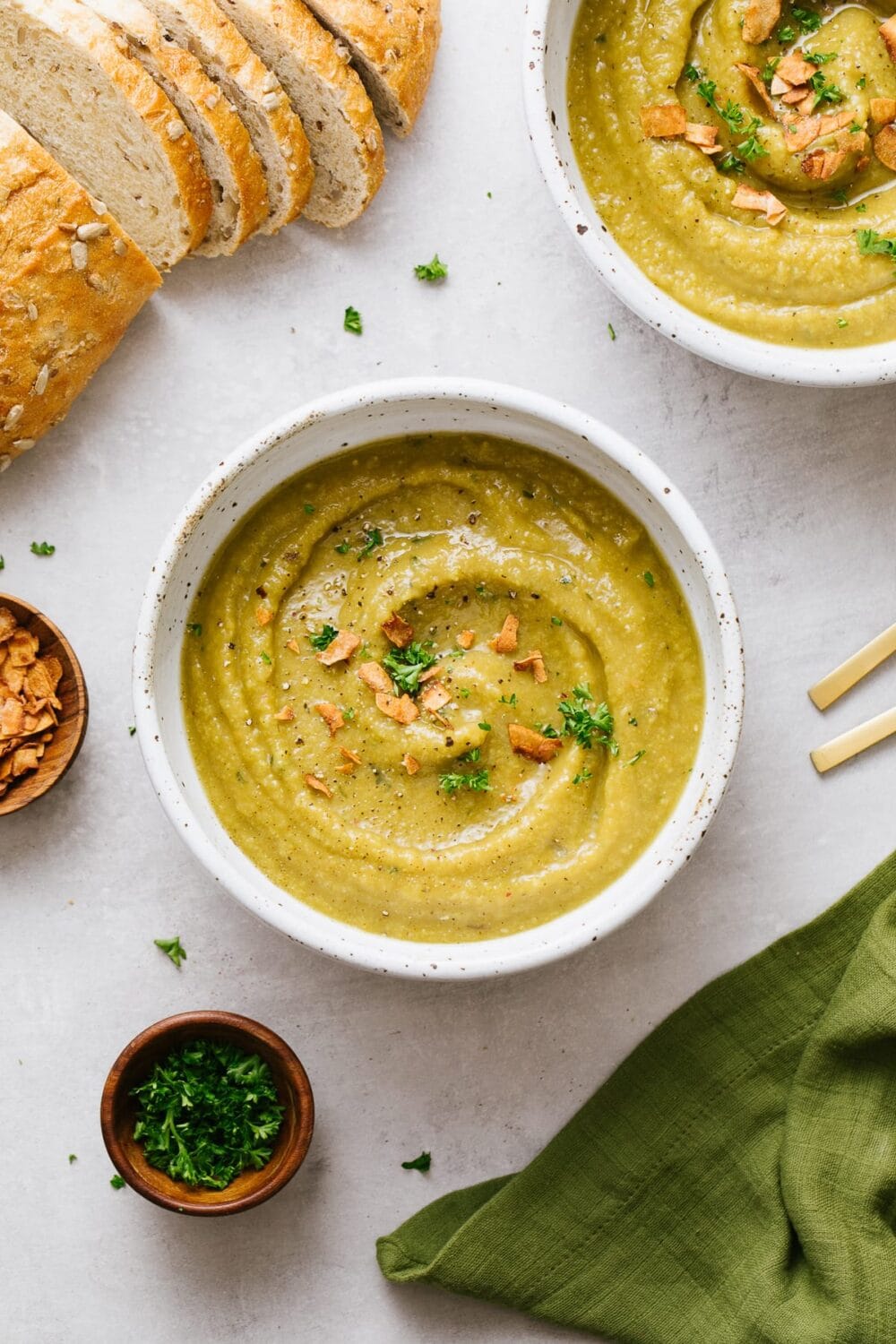 split pea soup in white bowl