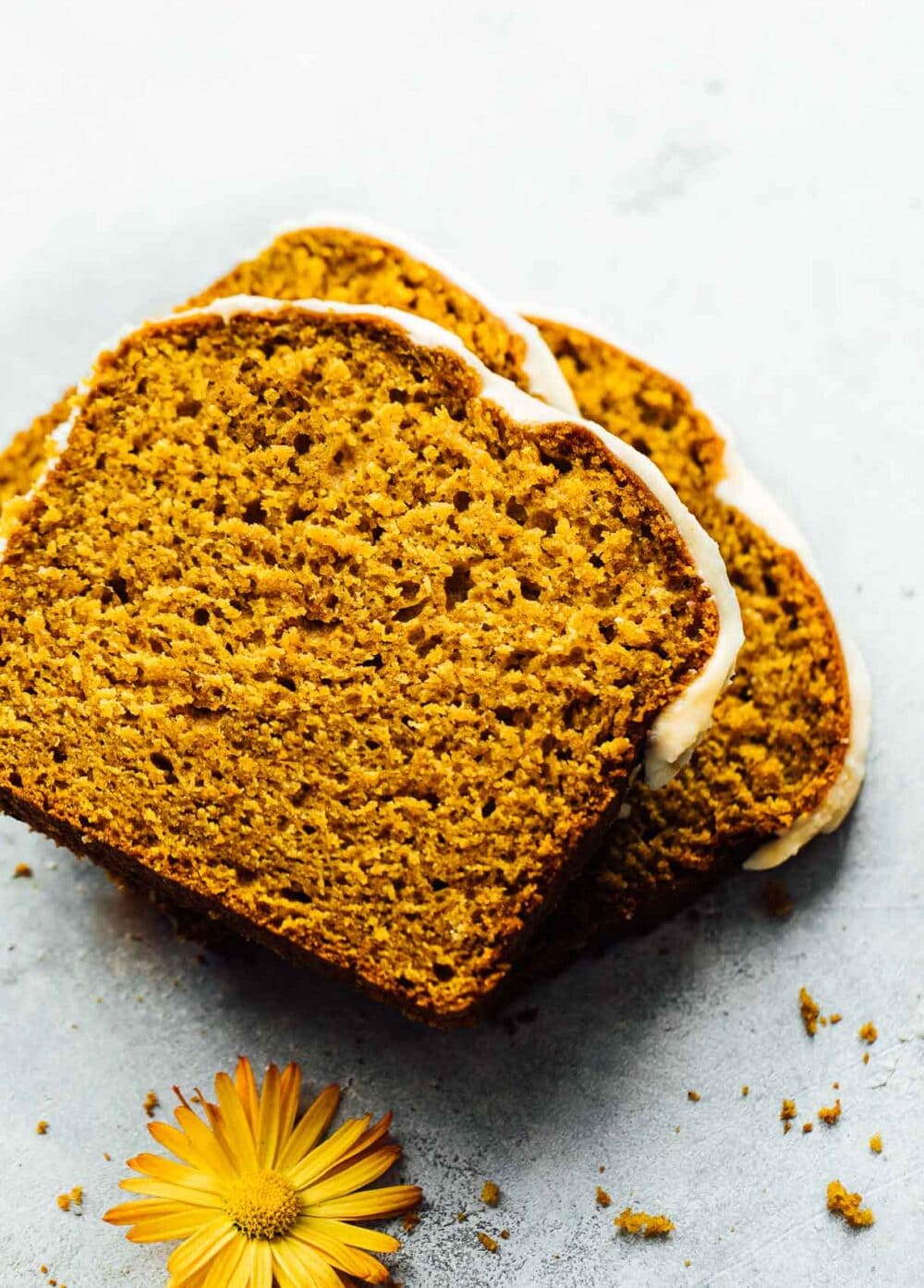sourdough discard pumpkin bread slices, stacked on top of one another