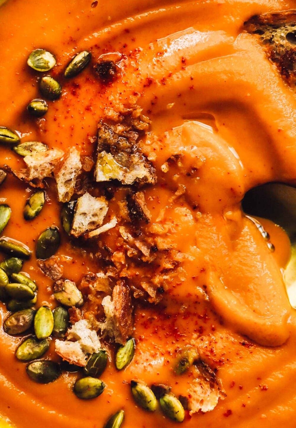 buttercup squash soup close up photo.