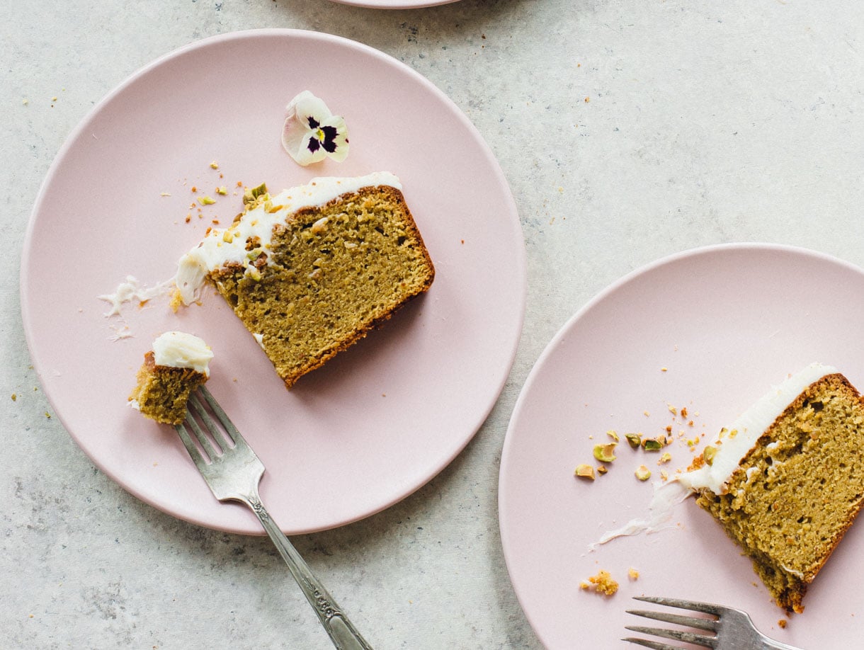 gluten free pistachio cake on pink plate