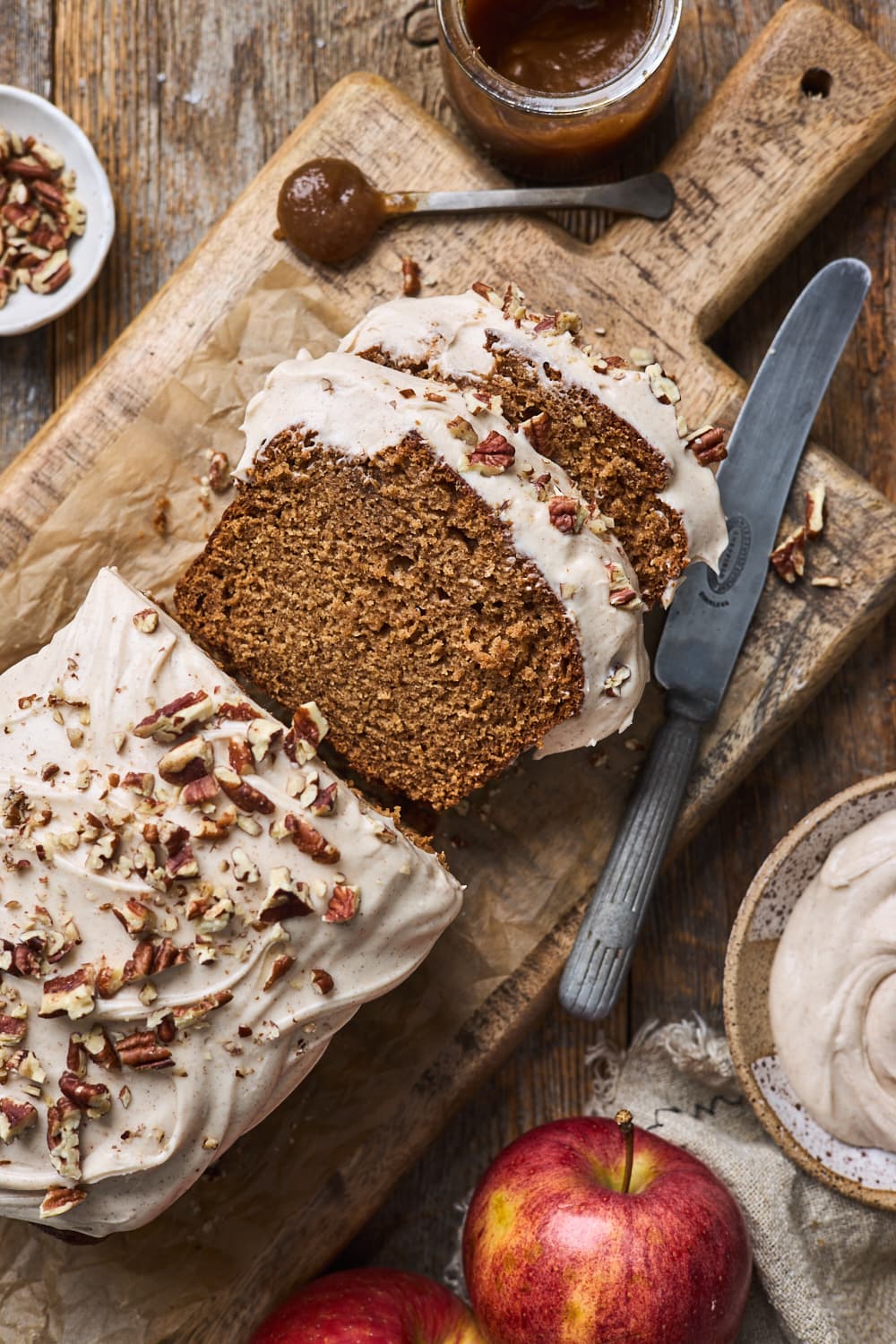 apple butter spice cake on a board