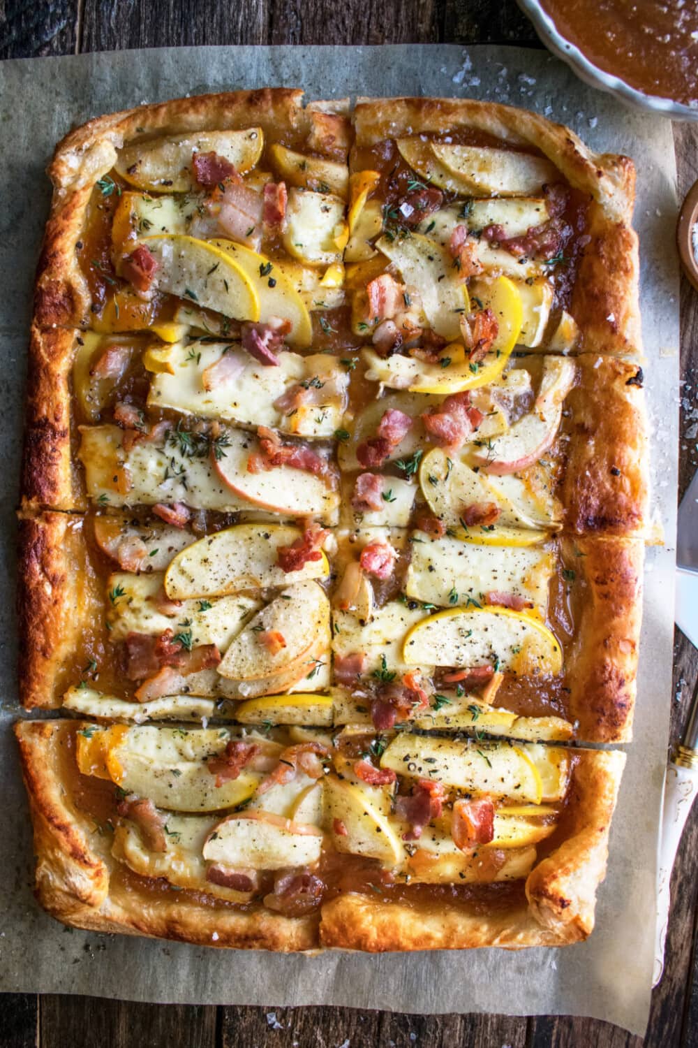 apple butter and brie puff pastry tart cut into slices