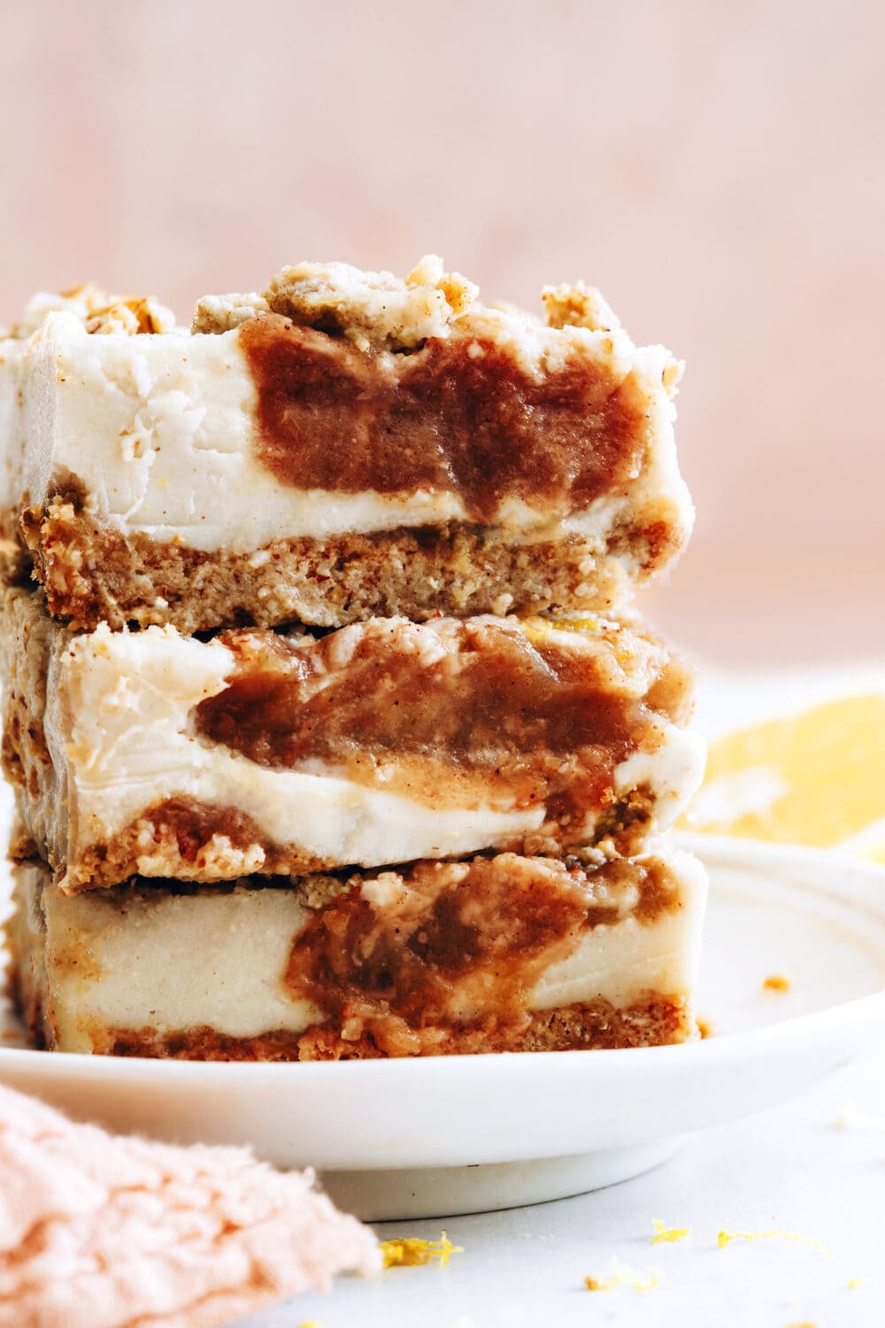 apple butter cheesecake bars, stacked
