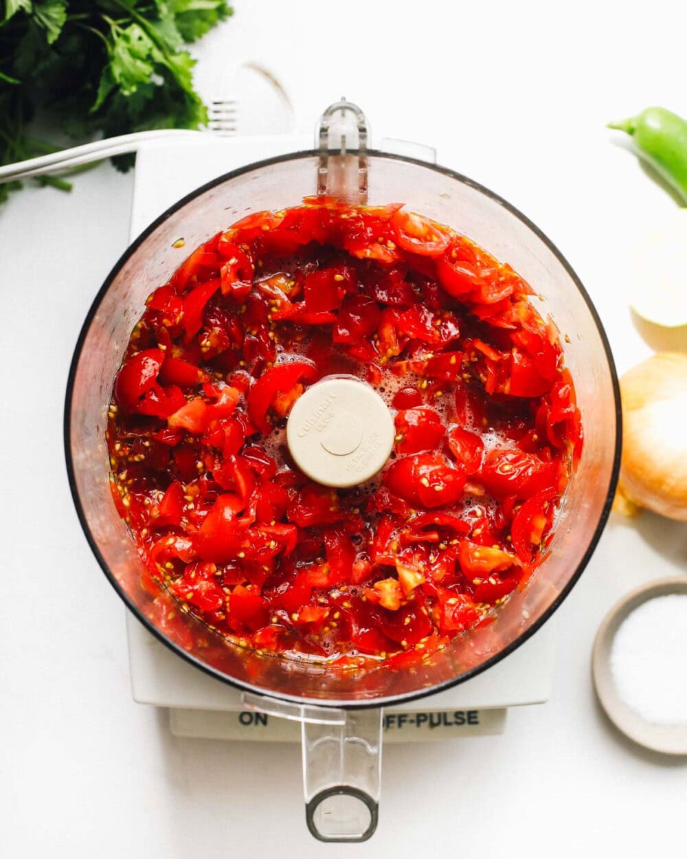 cherry tomatoes pulsed in a food processor