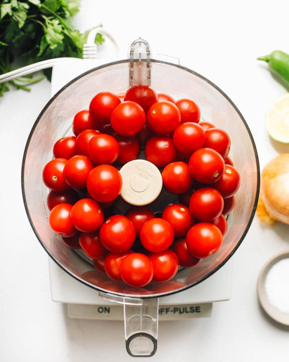 cherry tomatoes in a food processor