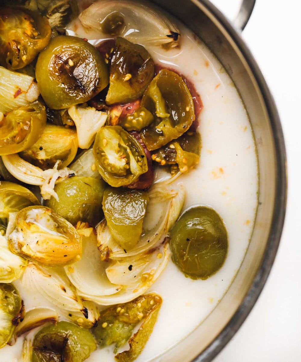 green tomato soup ingredients in stockpot