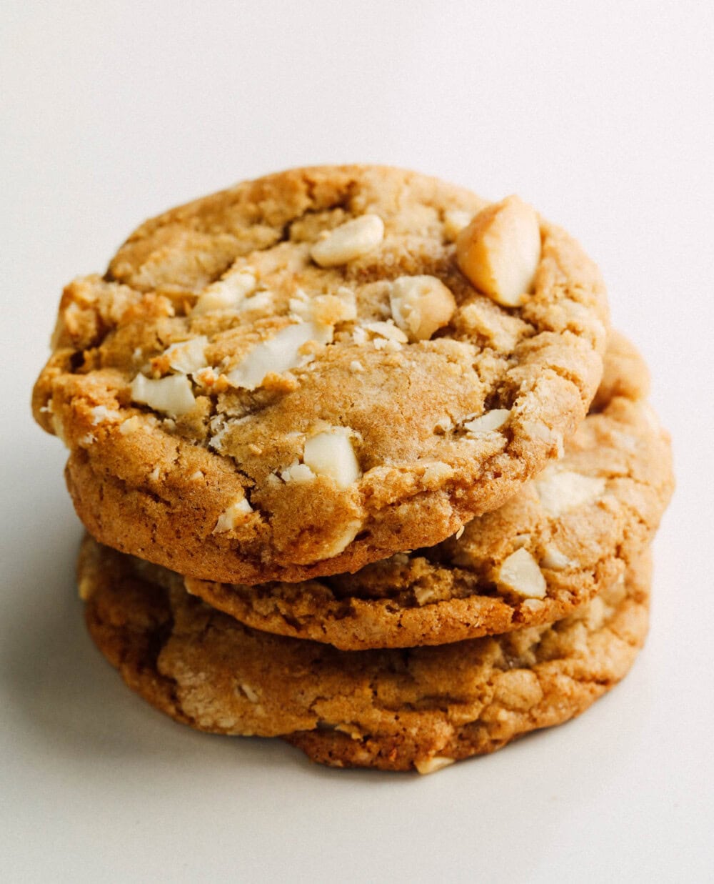 sourdough white chocolate macadamia nut cookies stacked