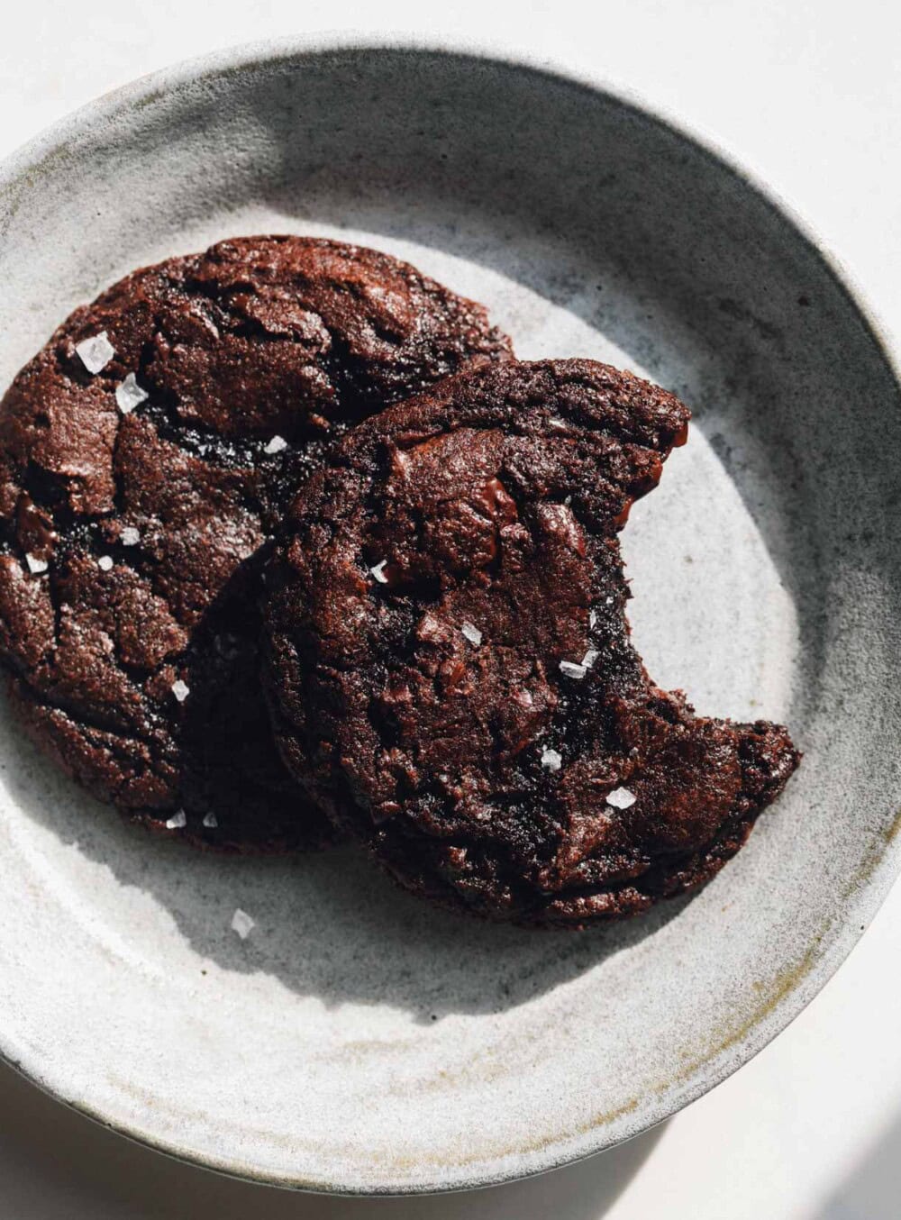 Two sourdough chocolate cookies on a blue plate.