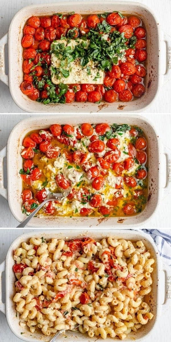 baked cherry tomato feta pasta in white dish