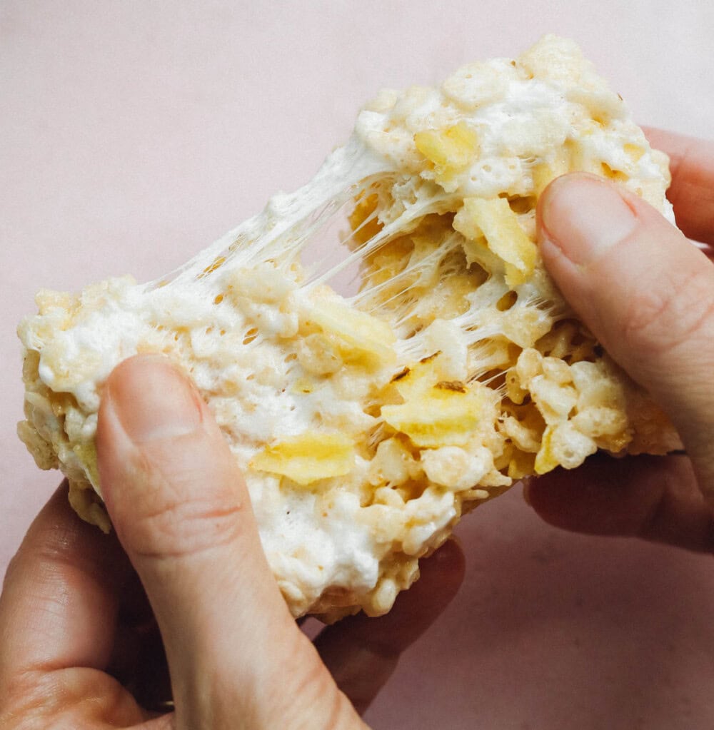 pulling apart a potato chip rice krispie treat