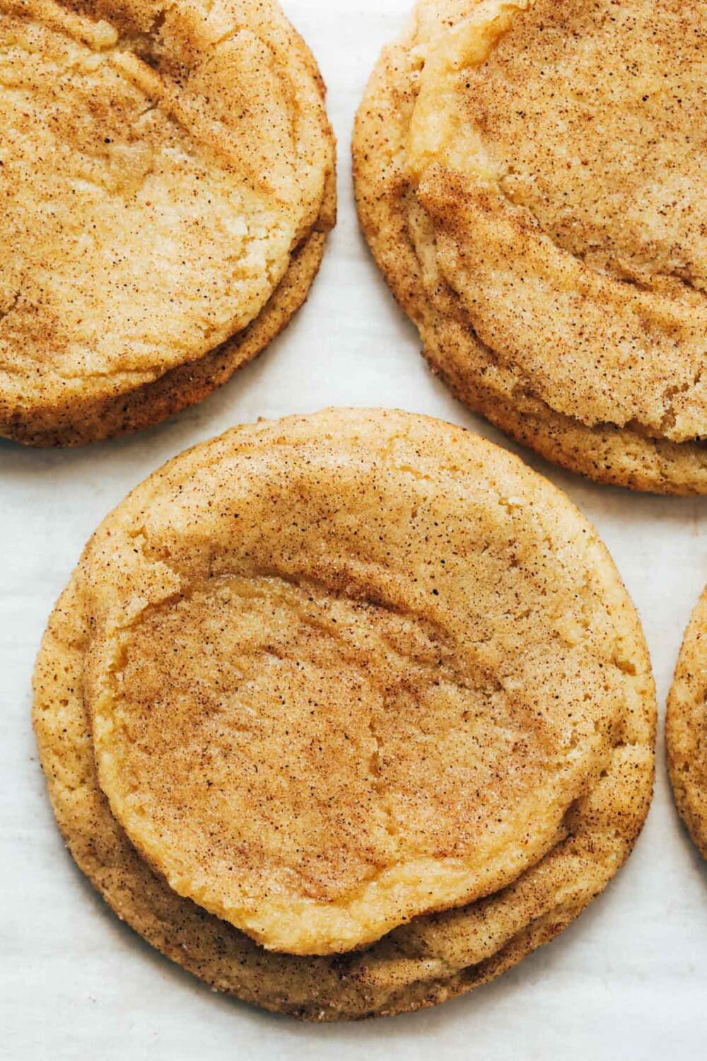sourdough snickerdoodle cookies on white surface